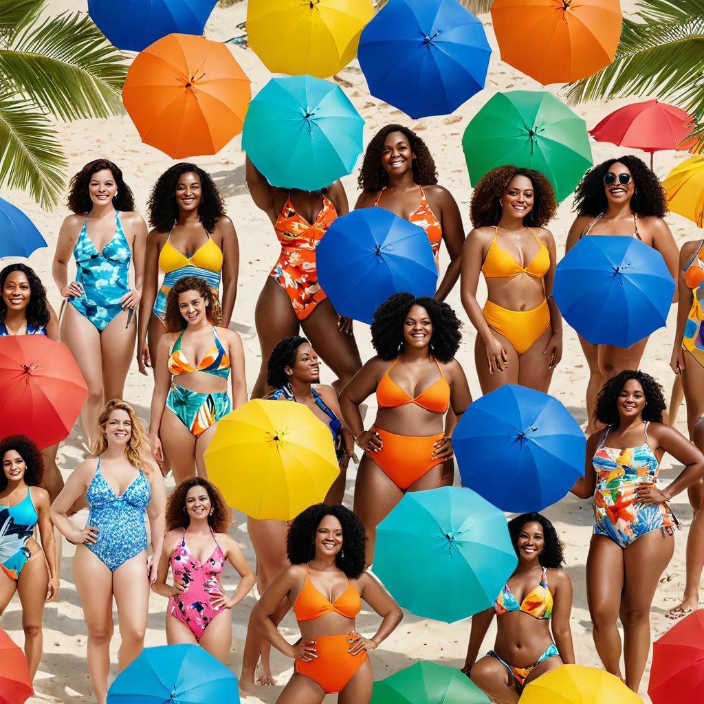 A sun-drenched beach scene featuring a diverse group of women confidently modeling various stylish two-piece swimsuits, surrounded by colorful beach umbrellas, palm trees swaying in the breeze, and playful beach balls. Include aspects of body positivity and vibrant summer vibes to evoke a sense of freedom and fun. vivid colors. summer aesthetic. 3D.