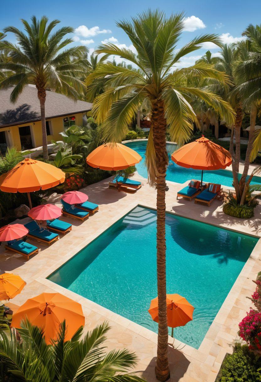 A luxurious beach setting transitioning into a vibrant poolside arena, featuring diverse vacation styles - elegant beachwear, stylish swim gear, and trendy accessories. Include tropical palm trees, colorful beach umbrellas, and an oasis-like pool with lounge chairs, all bathed in warm sunlight. Capture the essence of relaxation and adventure in a seamless blend. super-realistic. vibrant colors. tropical theme.